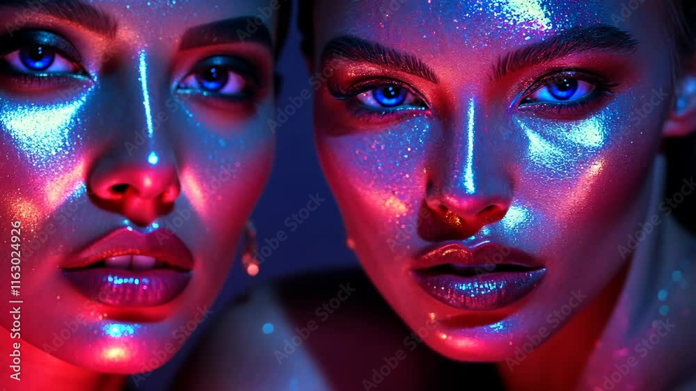 Unique beauty of models showcasing vibrant makeup under colorful lighting at a photoshoot in an urban studio