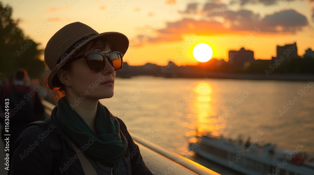 Fototapeta premium Sunset Silhouette: A Woman Contemplates the Golden Hour