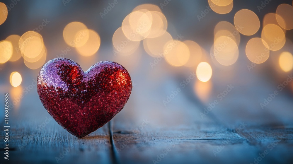 Red Glittery Heart On Wooden Surface With Lights