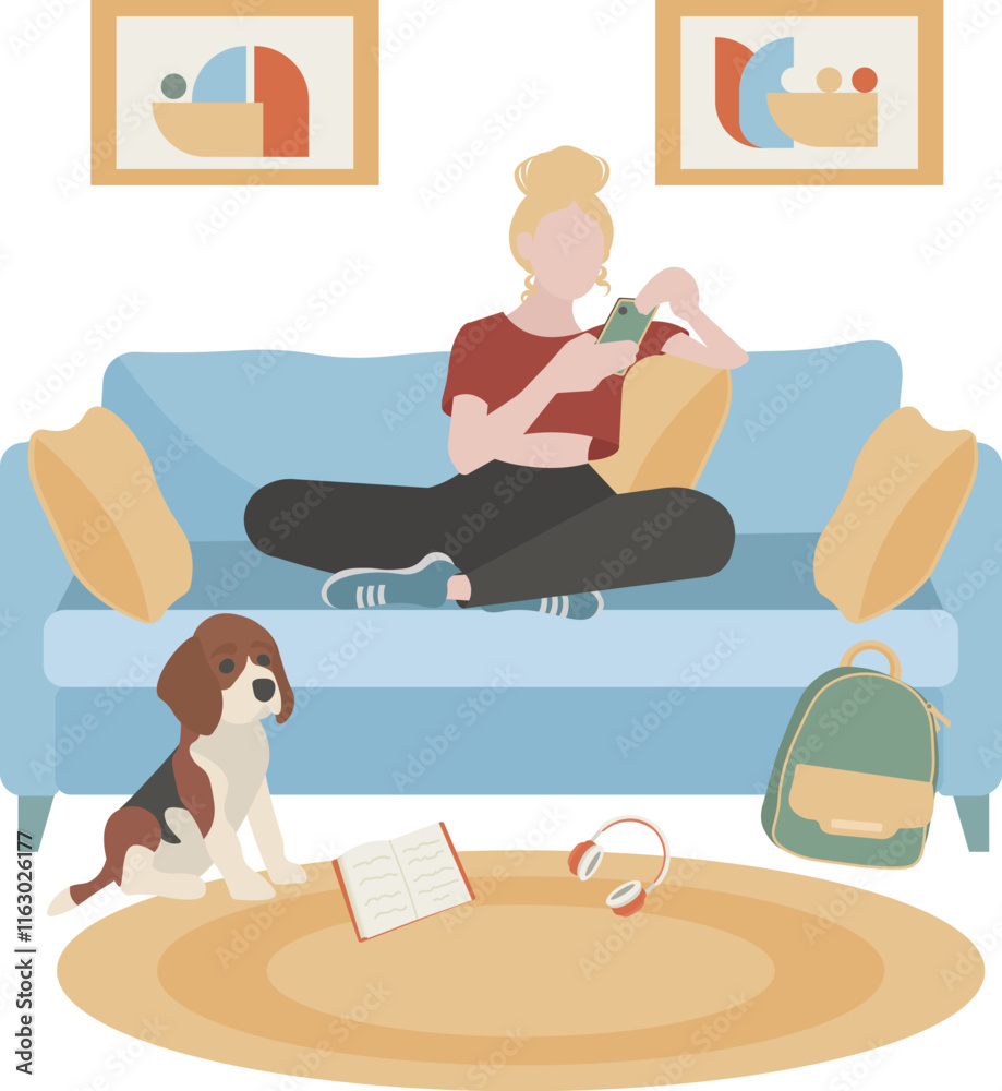 Girl on the sofa with a phone. Faceless, flat illustration Girl on the sofa with a phone. Faceless, flat illustration
