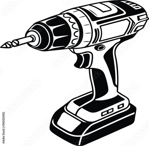 A black and white illustration of a cordless power drill.