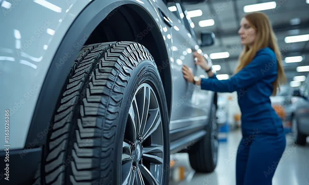 A close-up of a car tire with a mechanic working in the background, focusing on automotive maintenance. A close-up of a car tire with a mechanic working in the background, focusing on automotive maintenance.
