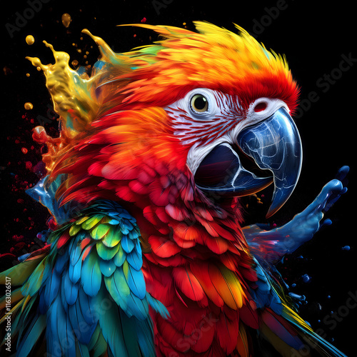 Digital artwork of a macaw parrot in side view, made of liquid color, with vivid color splashes on a black background, version 1