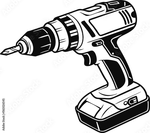 A black and white illustration of a cordless power drill.