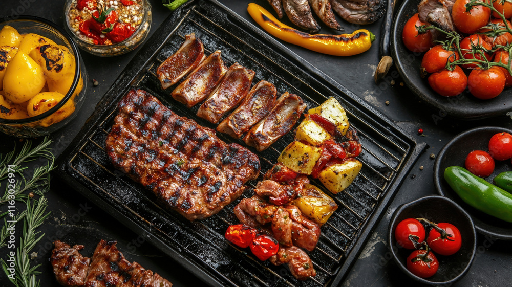 Juicy Grilled Beef Steaks with Fresh Vegetables and Sauce on Black Cooking Surface Juicy Grilled Beef Steaks with Fresh Vegetables and Sauce on Black Cooking Surface