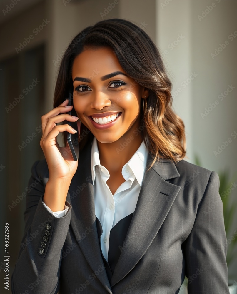 Confident Businesswoman Smiling While Talking on Smartphone in Modern Office Setting Confident Businesswoman Smiling While Talking on Smartphone in Modern Office Setting