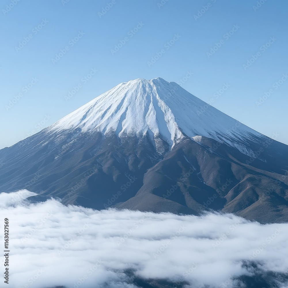 Majestic Mount Fuji with Snow-Capped Peak Above Clouds Japan Iconic Volcanic Mountain Scenic Beauty Clear Blue Sky Serene Nature Tranquil Landscape Photography Majestic Mount Fuji with Snow-Capped Peak Above Clouds Japan Iconic Volcanic Mountain Scenic Beauty Clear Blue Sky Serene Nature Tranquil Landscape Photography