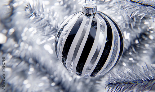 New Year glass ball with black and white stripes creating illusionistic effect on silver Christmas tree with space for text. Festive decor, ornaments. photo