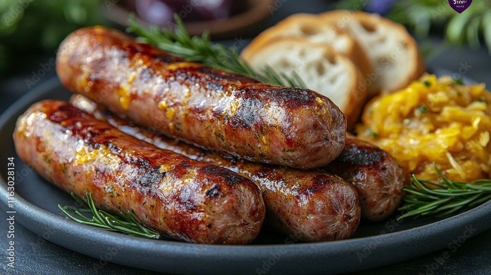 Grilled sausages served with bread and pickled onions on a dark plate Grilled sausages served with bread and pickled onions on a dark plate