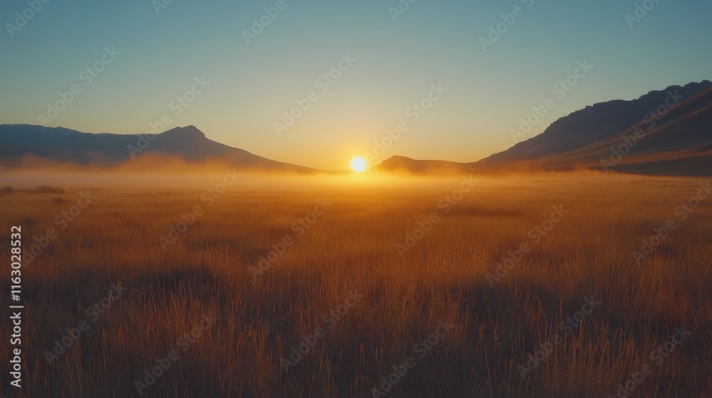 Obraz premium Stunning sunrise over a lush valley with mountains in the background and mist rising from the ground