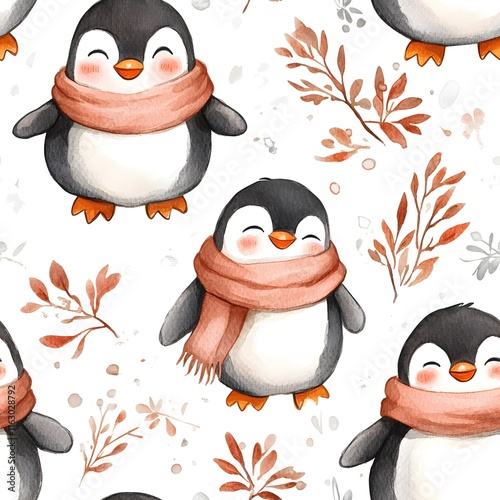 Seamless watercolor pattern featuring happy penguins wearing scarves, surrounded by autumn leaves and soft accents on a white background