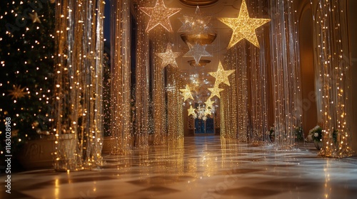Shimmering holiday decorations with sparkling ornaments and lights creating a festive atmosphere