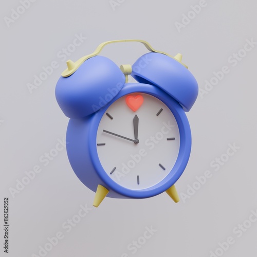 Blue alarm clock. The arrows point to the heart icon. The time of love. 3d rendering cartoon illustration
