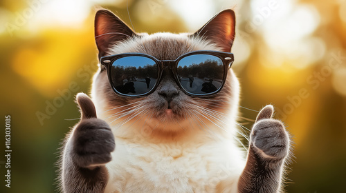 Playful cat with sunglasses giving a thumbs up, perfect for wall art, posters, and social media content, capturing a fun, cheerful vibe in a warm outdoor setting. photo