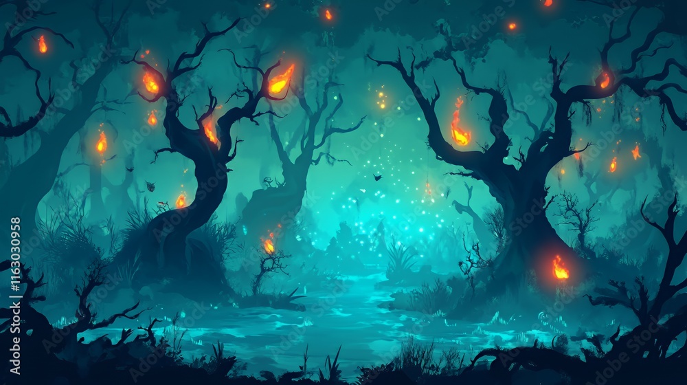 Enchanting Firelit Swamp Forest With Glowing Trees Enchanting Firelit Swamp Forest With Glowing Trees