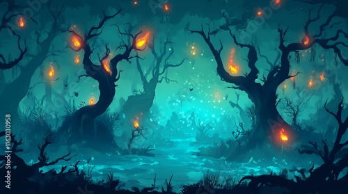 Enchanting Firelit Swamp Forest With Glowing Trees photo