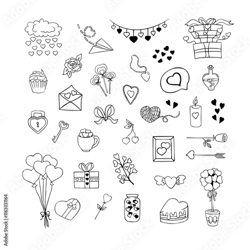 Hand drawn romantic doodle set. St. Valentine's vector elements. Black and white illustration on isolated background.
