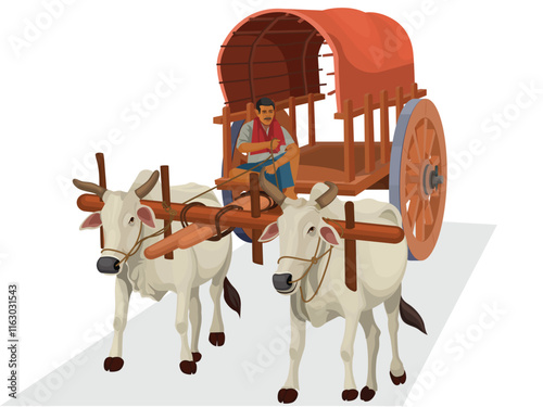 Vector Illustration of Indian Bullock Cart with Farmer Riding