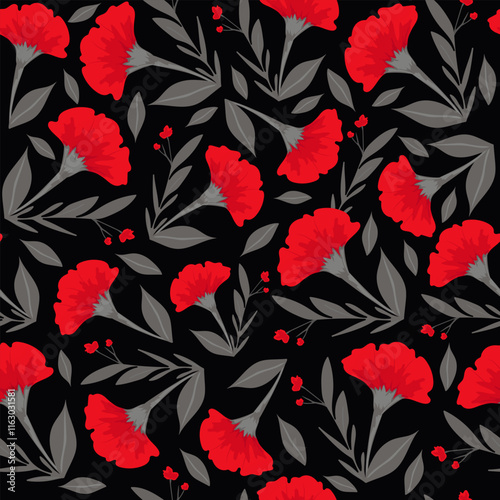 Seamless pattern of carnation flowers on a black background. Red flowers on black.