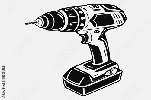 A black and white illustration of a cordless power drill.