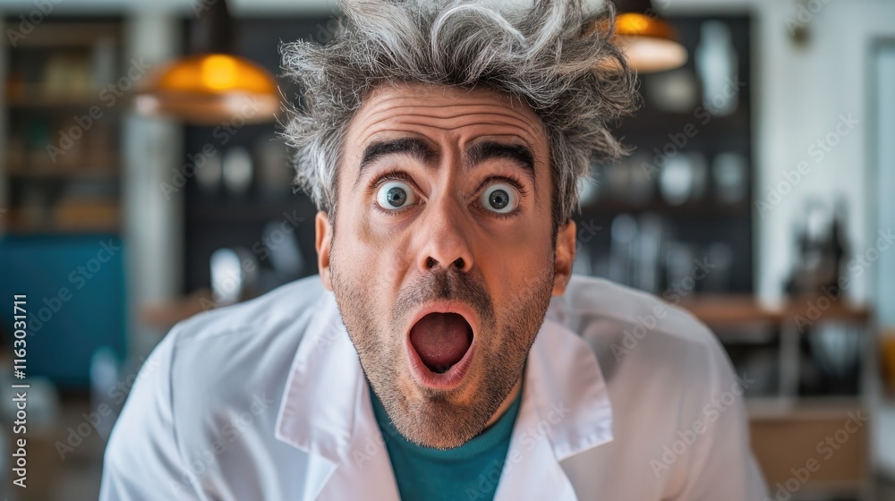 Shocked scientist with messy hair in lab. Shocked scientist with messy hair in lab.