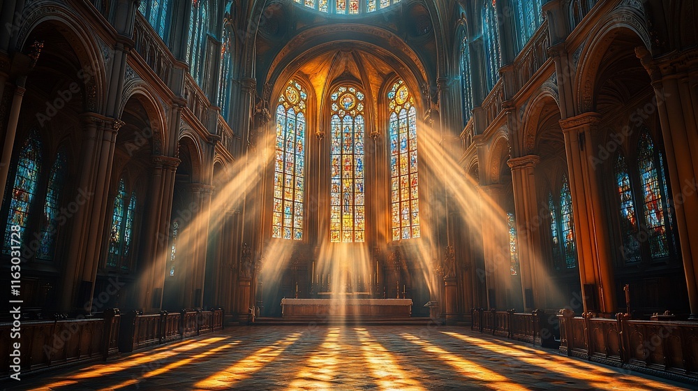 Obraz premium Sunbeams Illuminate Gothic Cathedral Interior With Stained Glass
