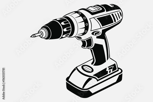 A black and white illustration of a cordless power drill.