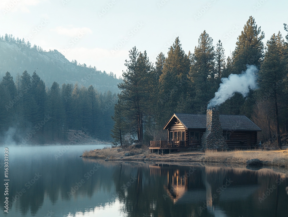 Obraz premium Rustic cabin with stone chimney by a tranquil forest lake in early morning mist