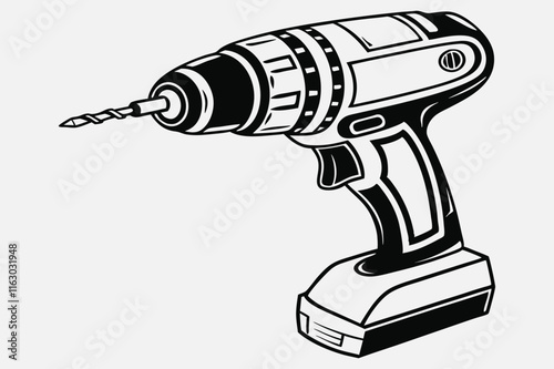 A black and white illustration of a cordless power drill.