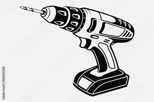 A black and white illustration of a cordless power drill.