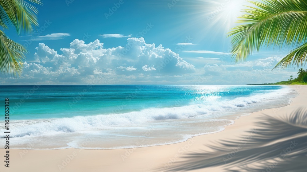 Fototapeta premium Tropical Beach Paradise Waves Rolling Ashore Under Clear Blue Sky Scenic Coastal Beauty Seaside Escape Nature Travel Relaxation Concept