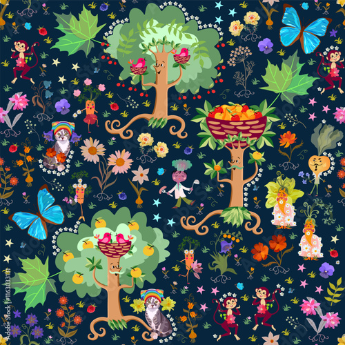 Nice seamless pattern with magic country for children. Fairytale garden with ...