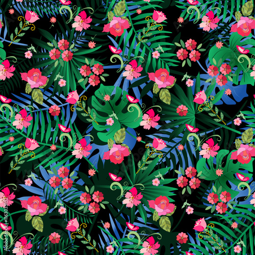 Fairytale rainforest. Seamless pattern with flowers and tropical leaves. 