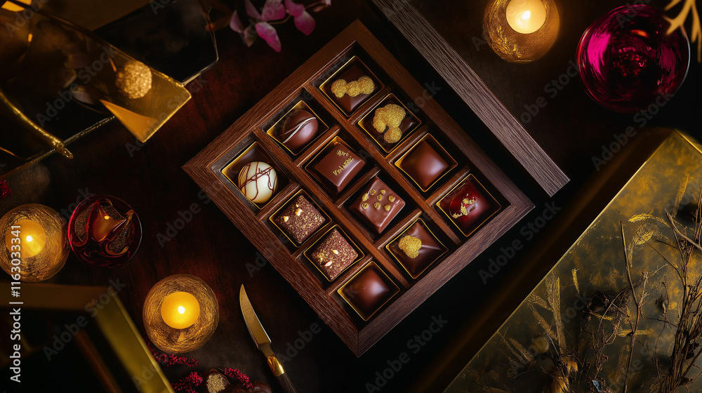 Elegantly arranged gourmet chocolate box with assorted chocolates and decorative candles Elegantly arranged gourmet chocolate box with assorted chocolates and decorative candles