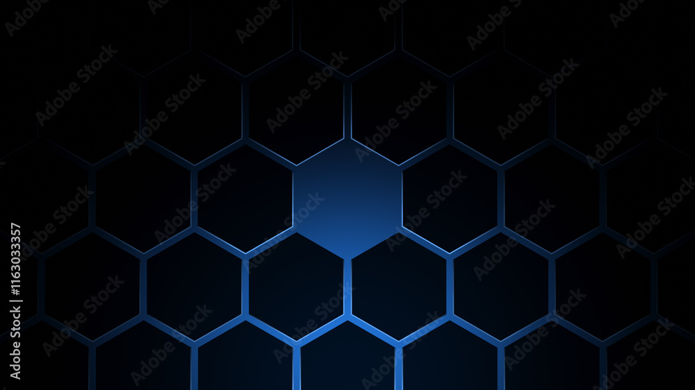 Black hexagon grid pattern on blue background, bright light coming from below. Technology, connection and data concept. High resolution full frame abstract and modern background with copy space. Black hexagon grid pattern on blue background, bright light coming from below. Technology, connection and data concept. High resolution full frame abstract and modern background with copy space.