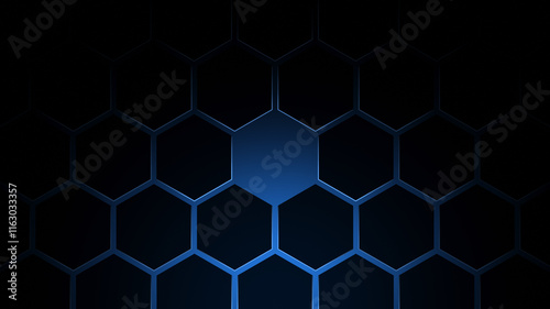 Black hexagon grid pattern on blue background, bright light coming from below. Technology, connection and data concept. High resolution full frame abstract and modern background with copy space.