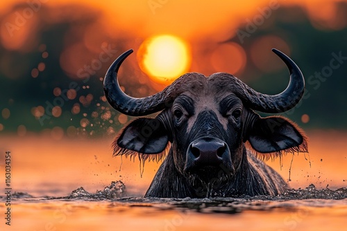 A majestic water buffalo emerging from a tranquil body of water during sunset in Thailand photo