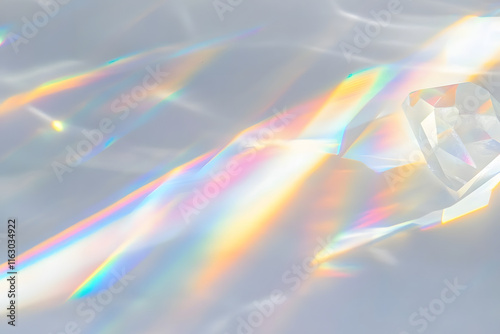 Crystal prism rainbow light refraction texture on white wall background. Organic drop diagonal holographic flare on a white wall. Water shadows for natural light overlay effects