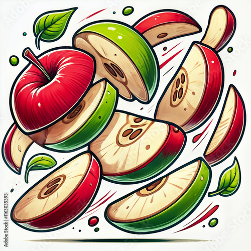 Dynamic illustration of sliced red and green apples in cartoon style with floating pieces and decorative leaves. Ideal for food-related designs and healthy lifestyle content