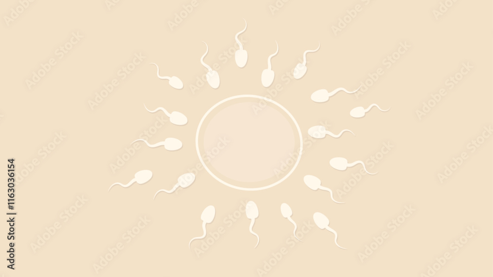 Illustration of sperm swimming toward an egg on a beige background, symbolizing fertilization and reproduction Illustration of sperm swimming toward an egg on a beige background, symbolizing fertilization and reproduction