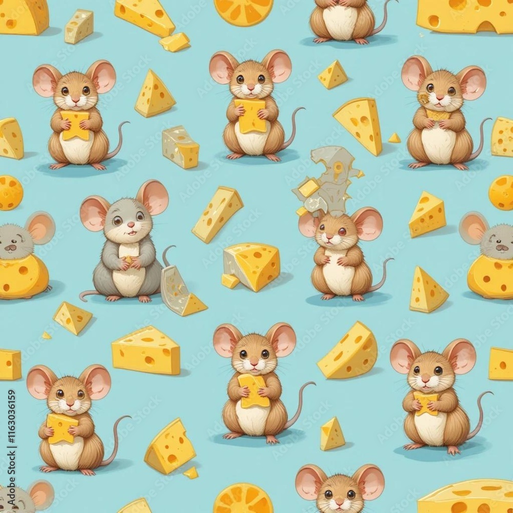 Obraz premium A playful cheese pattern with cute mice holding cheese wedges on a light blue background