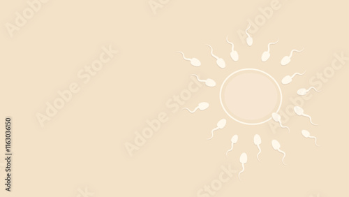Multiple white sperm cells approaching an egg cell arranged in a circular formation on a beige background. One of them has managed to enter.