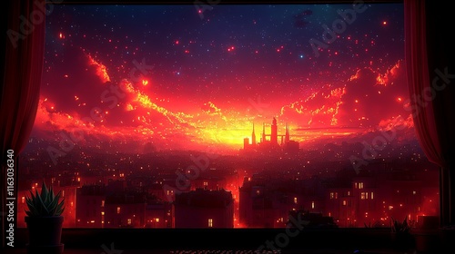 A vibrant red sunset is visible through a window a city skyline silhouetted against the light.