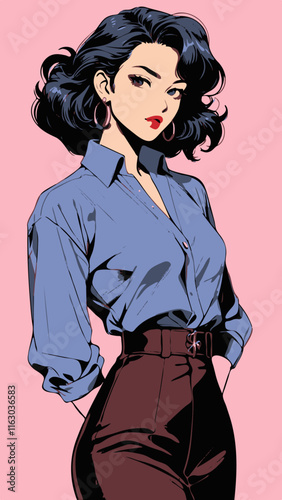 fashion model posing anime girl, anime woman, vintage sticker of a full body portrait of a woman in the Japanese retro anime style of the 80s and 90s. The scene features a top model with wild hair
