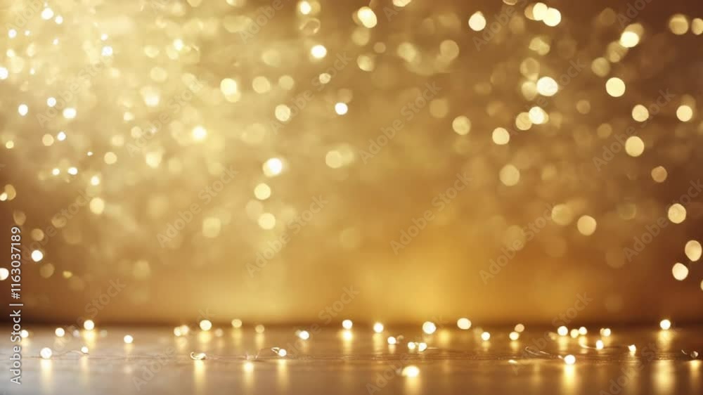 Gold dust particles flying in the air lingering slowly. Bokeh gold lights on metallic yellow background. Christmas Holiday festive golden backdrop. Footage with copy space Gold dust particles flying in the air lingering slowly. Bokeh gold lights on metallic yellow background. Christmas Holiday festive golden backdrop. Footage with copy space