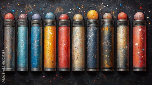 A set of paint-filled daubers are displayed against a dark backdrop photo