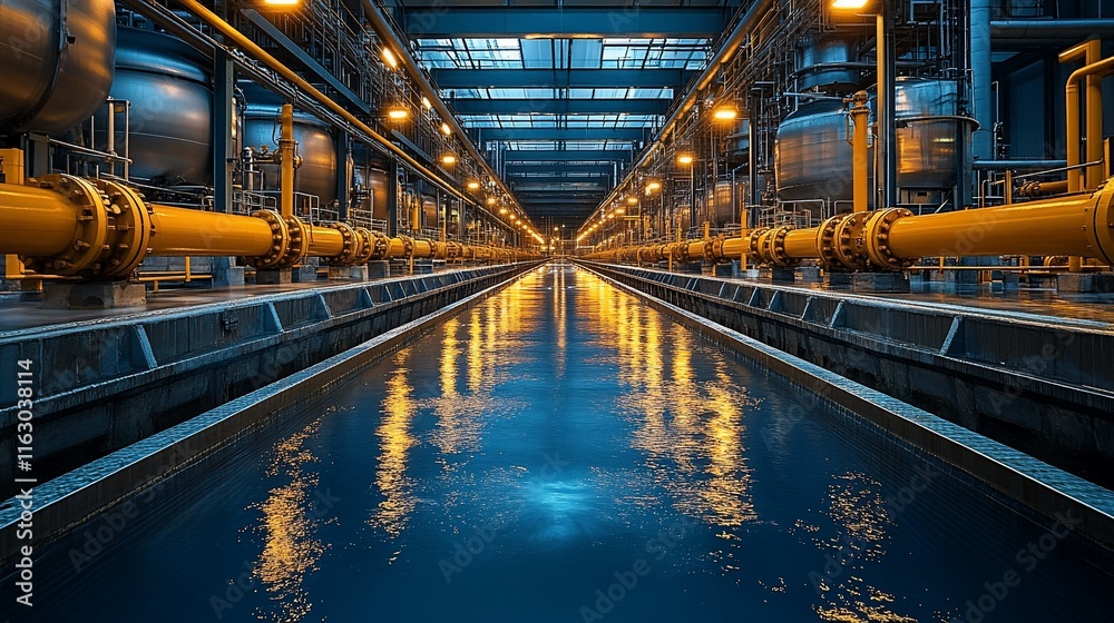 Obraz premium Industrial Water Channel Reflecting Lights At Night