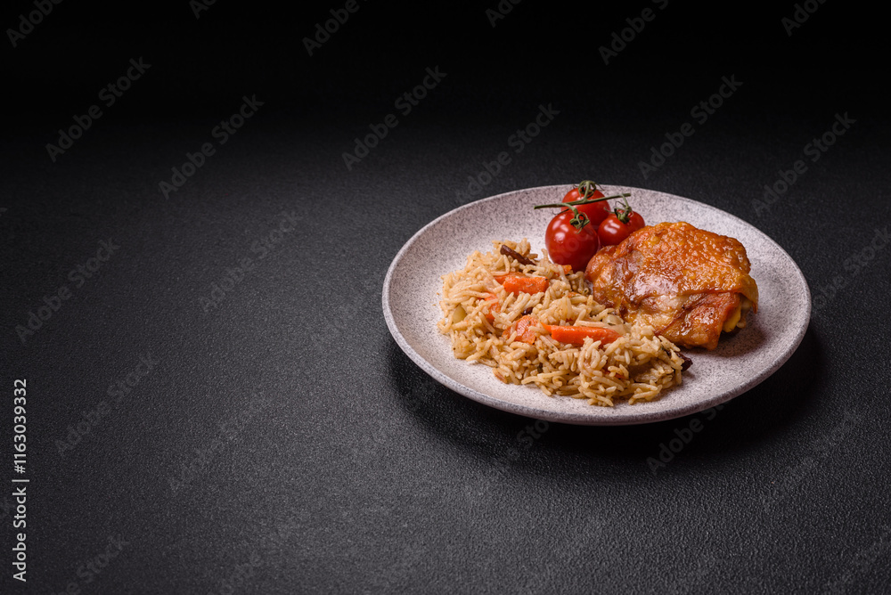 Delicious fresh pilaf with rice, carrots, meat, onions, spices and berries Delicious fresh pilaf with rice, carrots, meat, onions, spices and berries