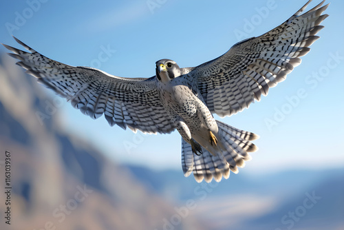 Majestic Falcon Soaring High in a Clear Blue Sky with Distant Mountains photo