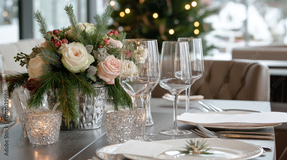 Elegant winter dining setup featuring floral arrangements, sparkling glassware, and holiday decorations in a cozy restaurant Elegant winter dining setup featuring floral arrangements, sparkling glassware, and holiday decorations in a cozy restaurant